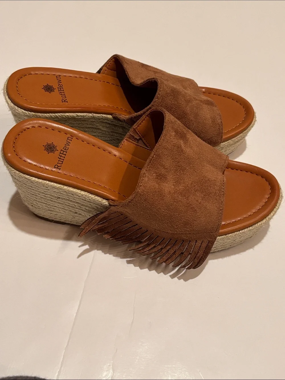NWOT Ruff Hewn Tan Suede Fringe Espadrille Wedge Slides 6